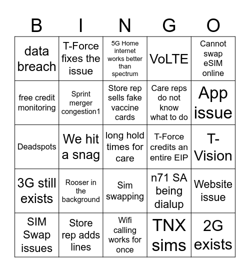 T-Mobile Bingo Card