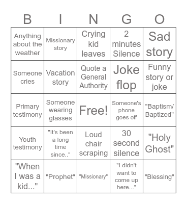 Testimony Meeting Bingo Card