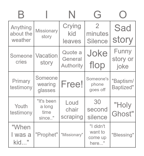 Testimony Meeting Bingo Card