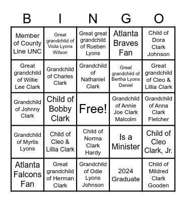 Clark Family Reunion 2024 Bingo Card