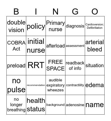 Cardiac/RRT/Transport Bingo Card