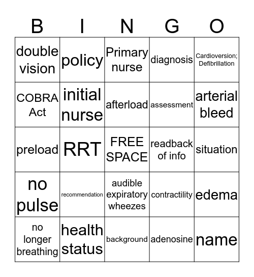 Cardiac/RRT/Transport Bingo Card