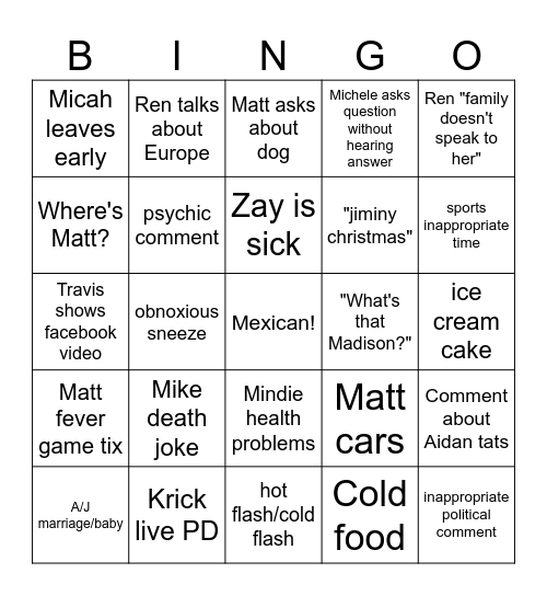 Carr Bingo Card
