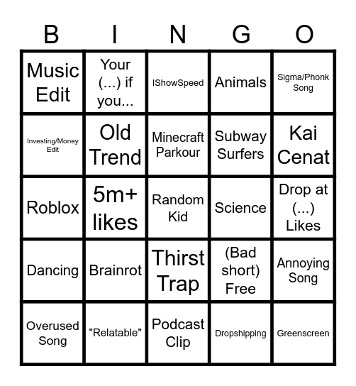 Youtube Shorts Bingo Card