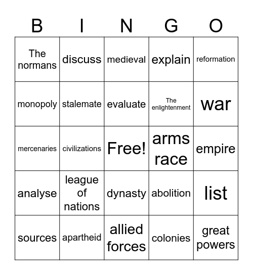 Introduction to Humanities Bingo Card