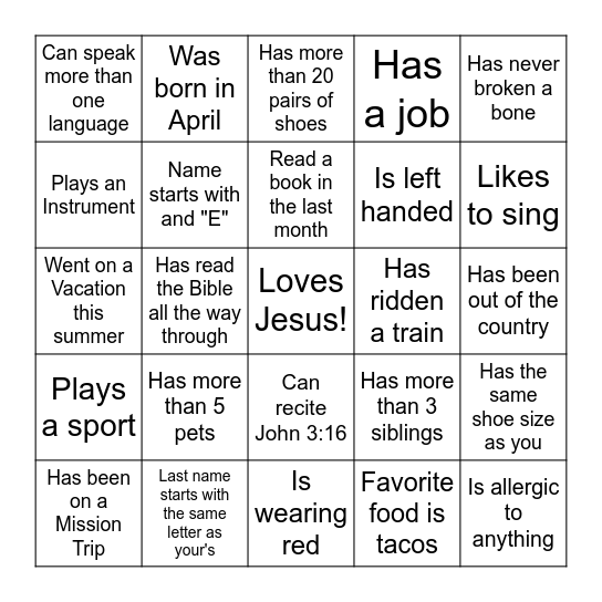 FCA Get To Know You BINGO Card