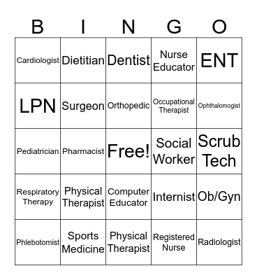 Health Care Careers Bingo Card