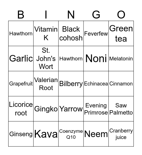 Home Remedies and Drug Interactions Bingo Card
