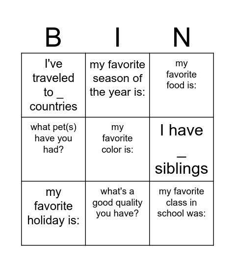 get to know your roommates! Bingo Card