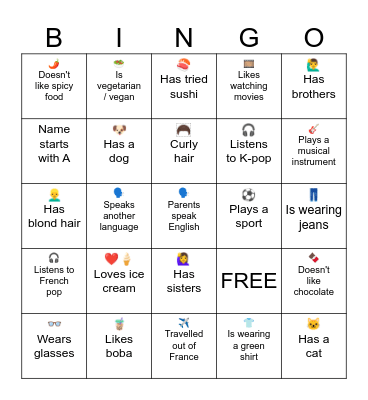 Ice breaking bingo Card