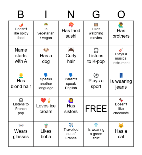 Ice breaking bingo Card