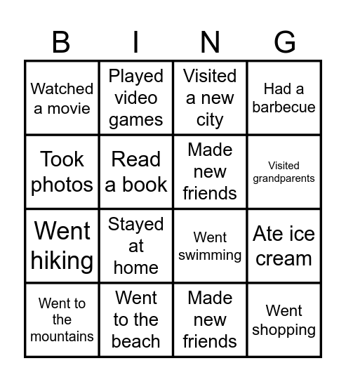 Summer Vacation Bingo Card