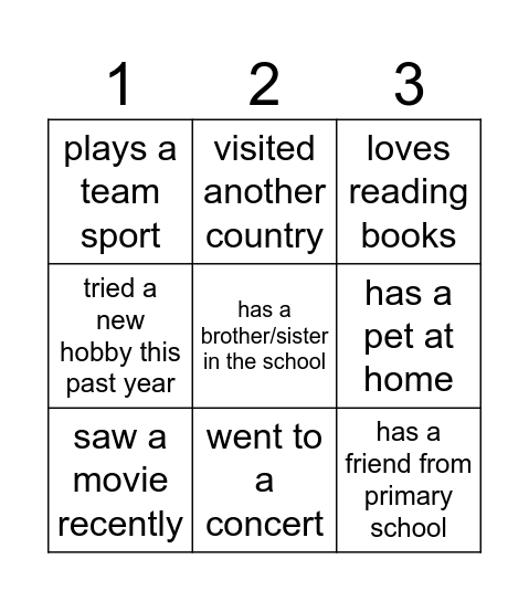 Back to school Bingo Card