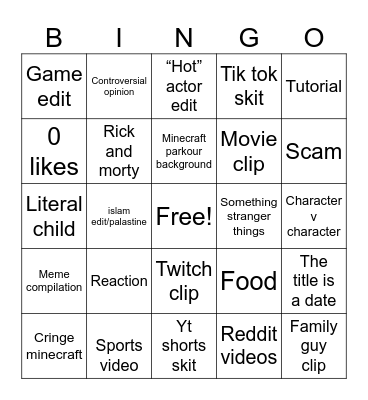 YouTube shorts Bingo Card