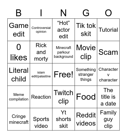 YouTube shorts Bingo Card