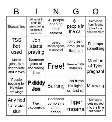Homeress Bingo Card