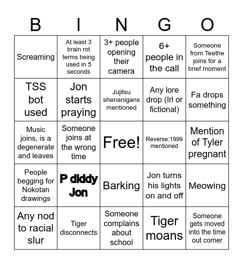 Homeress Bingo Card