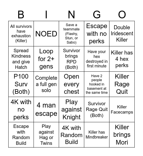 DBD Bingo Card