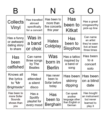 Sofar Sounds Singles Night Bingo Card