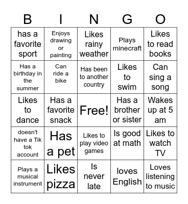 Get to know 5 graders Bingo Card