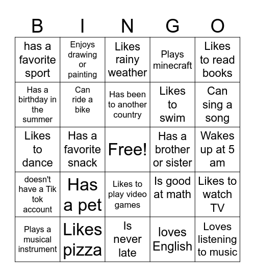 Get to know 5 graders Bingo Card