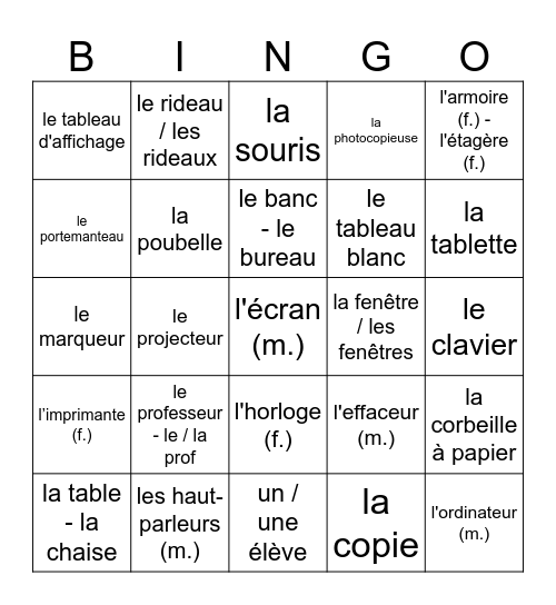 En classe – dans le local Bingo Card