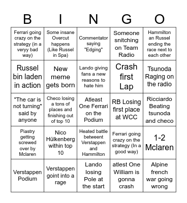 F1 Bingo Monza Edition Bingo Card