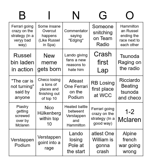 F1 Bingo Monza Edition Bingo Card