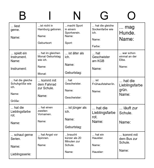 Kennlern-Bingo Card