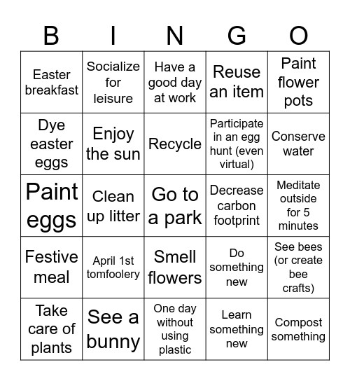 Easter + Earth Day, April Bingo Card