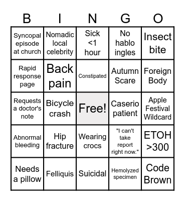 Sunday Funday ED Bingo Card