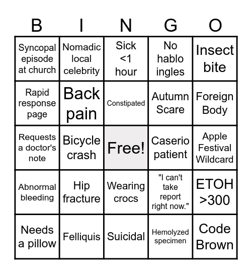 Sunday Funday ED Bingo Card