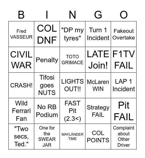 MONZA MONZA VIVA ITALIA BRAVISSIMO Bingo Card