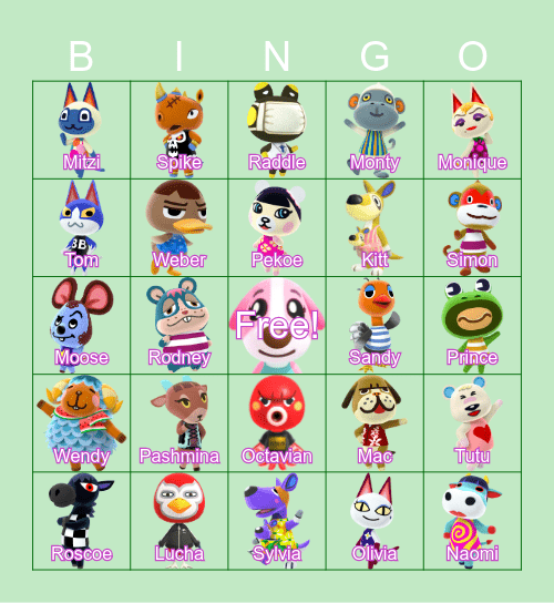 Animal Crossing Villagers Bingo Card