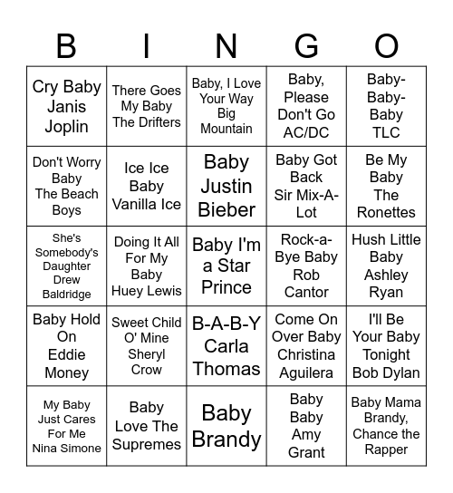 Bree's Baby Song Bingo Card