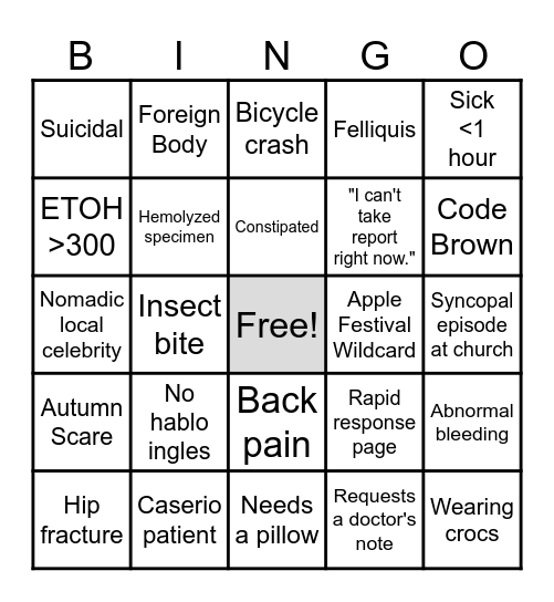 Sunday Funday ED Bingo Card