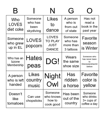 Get to Know Your Sisters Bingo Card
