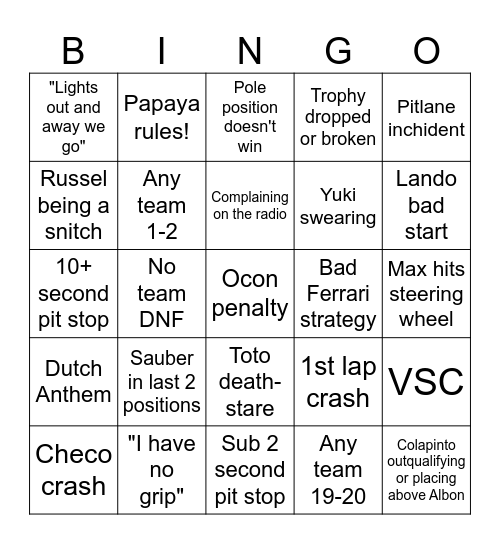 F1 Bingo Card