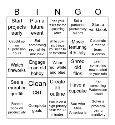 Productivity + 4th July Bingo Card