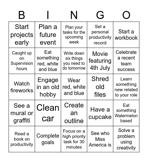 Productivity + 4th July Bingo Card