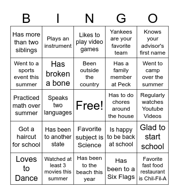 First Day of School Bingo Card