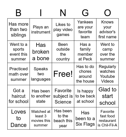 First Day of School Bingo Card