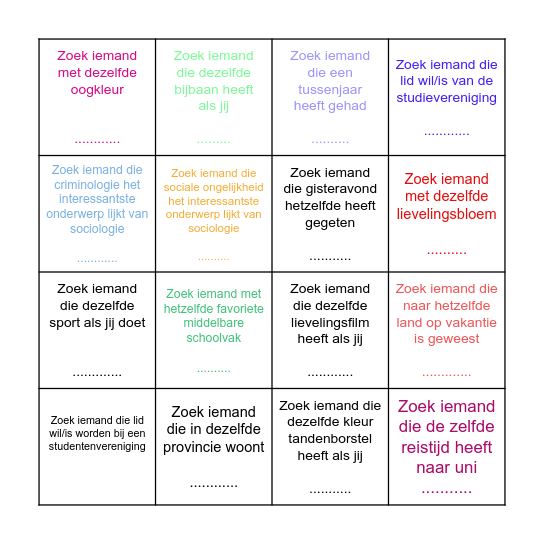 Sociologie kennismakingsbingo Card