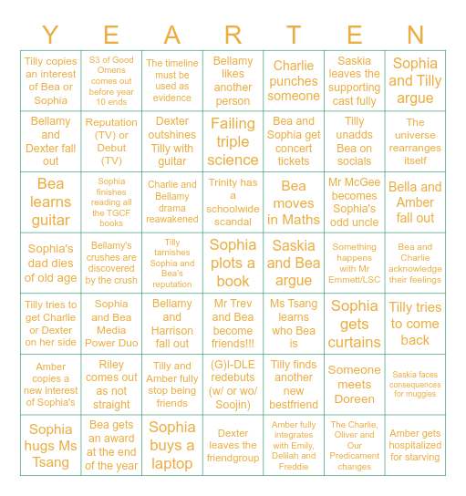 Year Ten Bingo Card