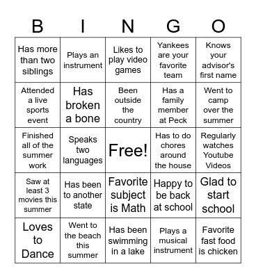 First Day of School Bingo Card