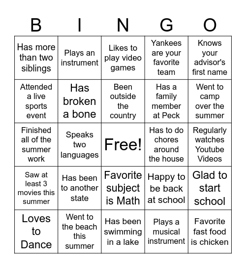 First Day of School Bingo Card