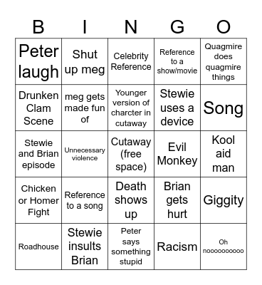Family Guy Bingo Card