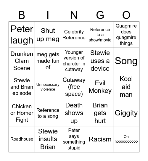 Family Guy Bingo Card