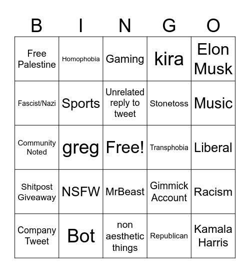 Twitter/X Bingo Card