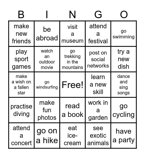 Summertime Bingo Card